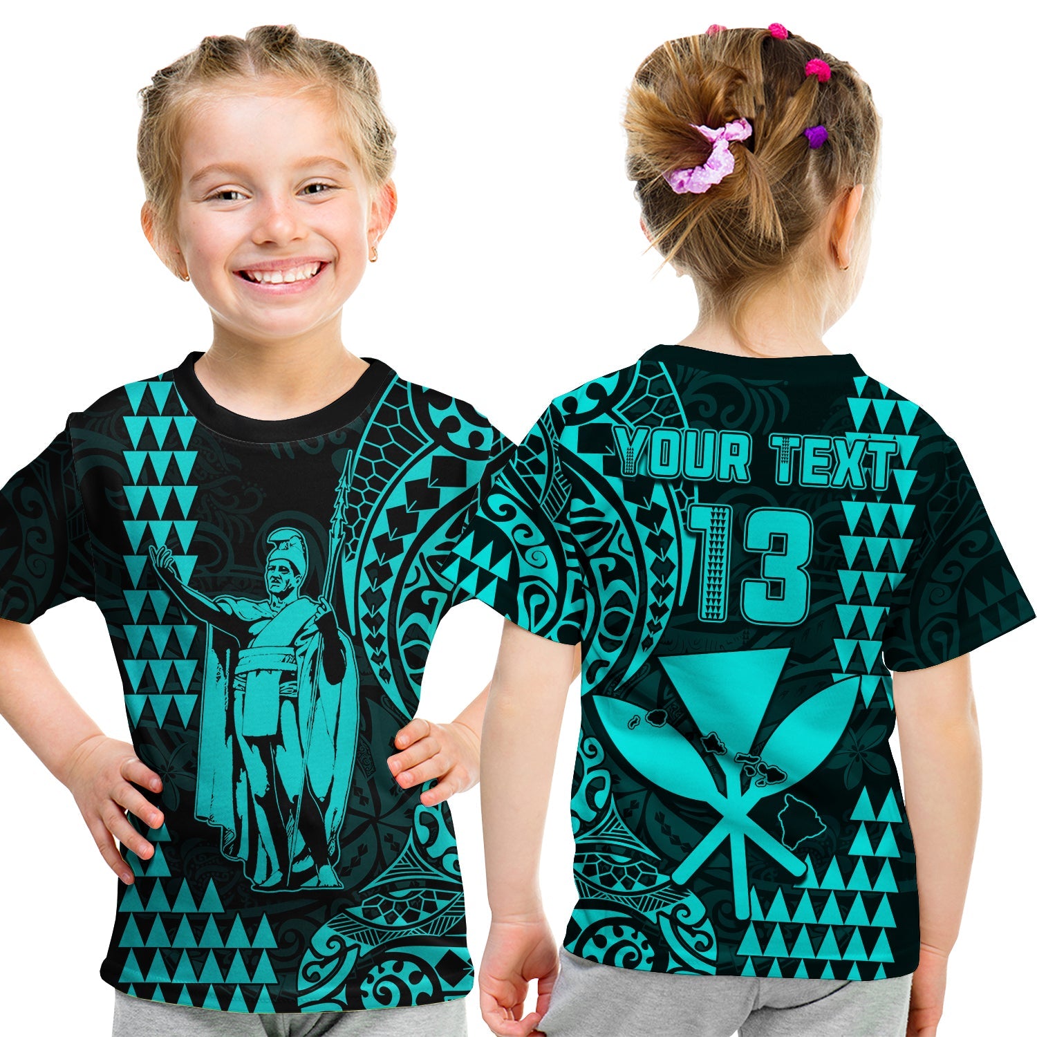 (Custom Text and Number) Hawaii Day Kakau T Shirt KID Proud To Be Hawaiian Turquoise King Kamehameha and Kanaka Maoli LT13 Youth XL Size14 - Polynesian Pride