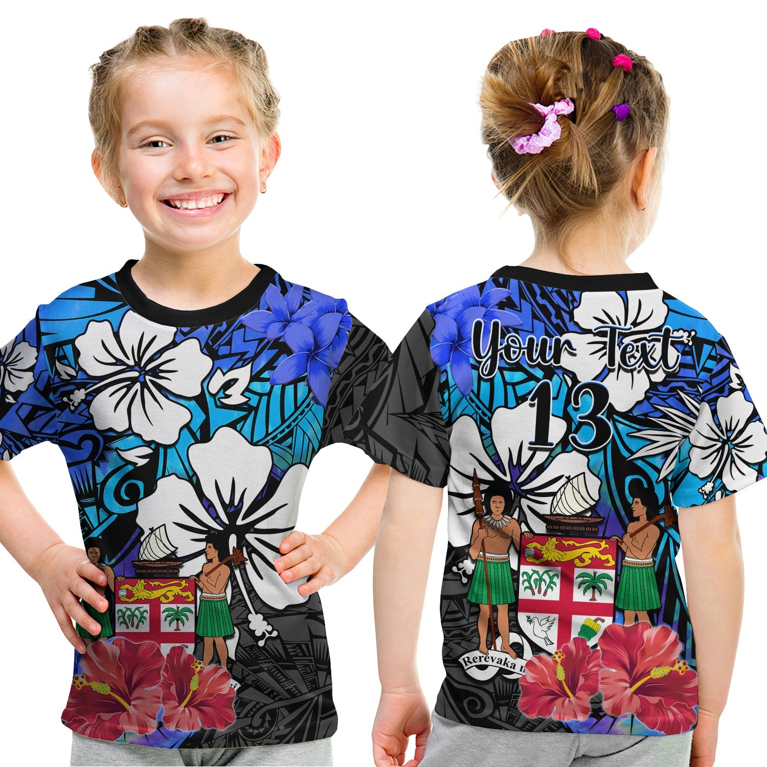 (Custom Text and Number) Fiji Tie Dye T Shirt KID Polynesian Blue Tribal Creative Tropical Flowers LT13 Youth XL Size14 - Polynesian Pride