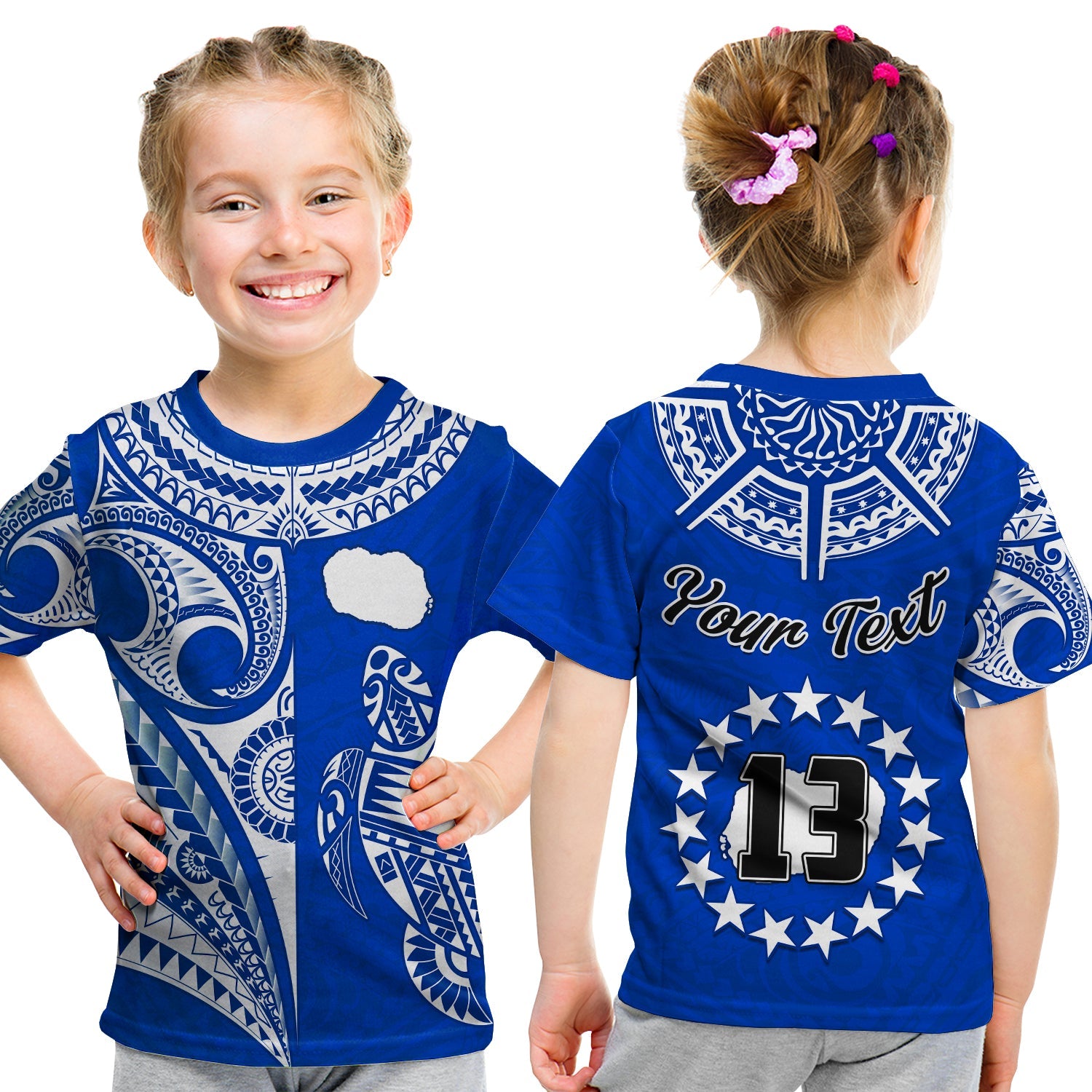 (Custom Text and Number) Rarotonga Cook Islands T Shirt KID Turtle and Map Style Blue LT13 Youth XL Size14 - Polynesian Pride