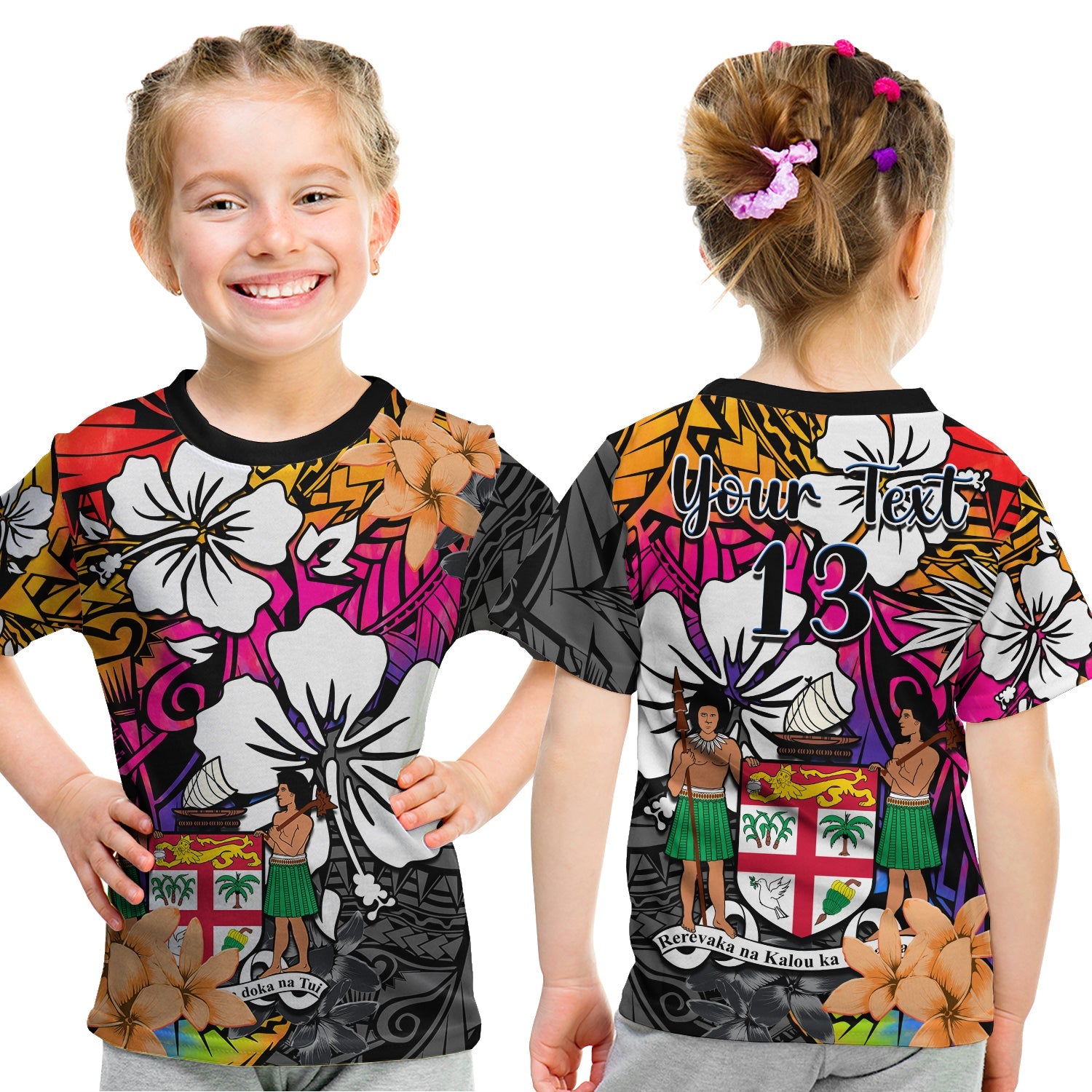 (Custom Text and Number) Fiji Tie Dye T Shirt KID Polynesian Tribal Creative Tropical Flowers LT13 Youth XL Size14 - Polynesian Pride