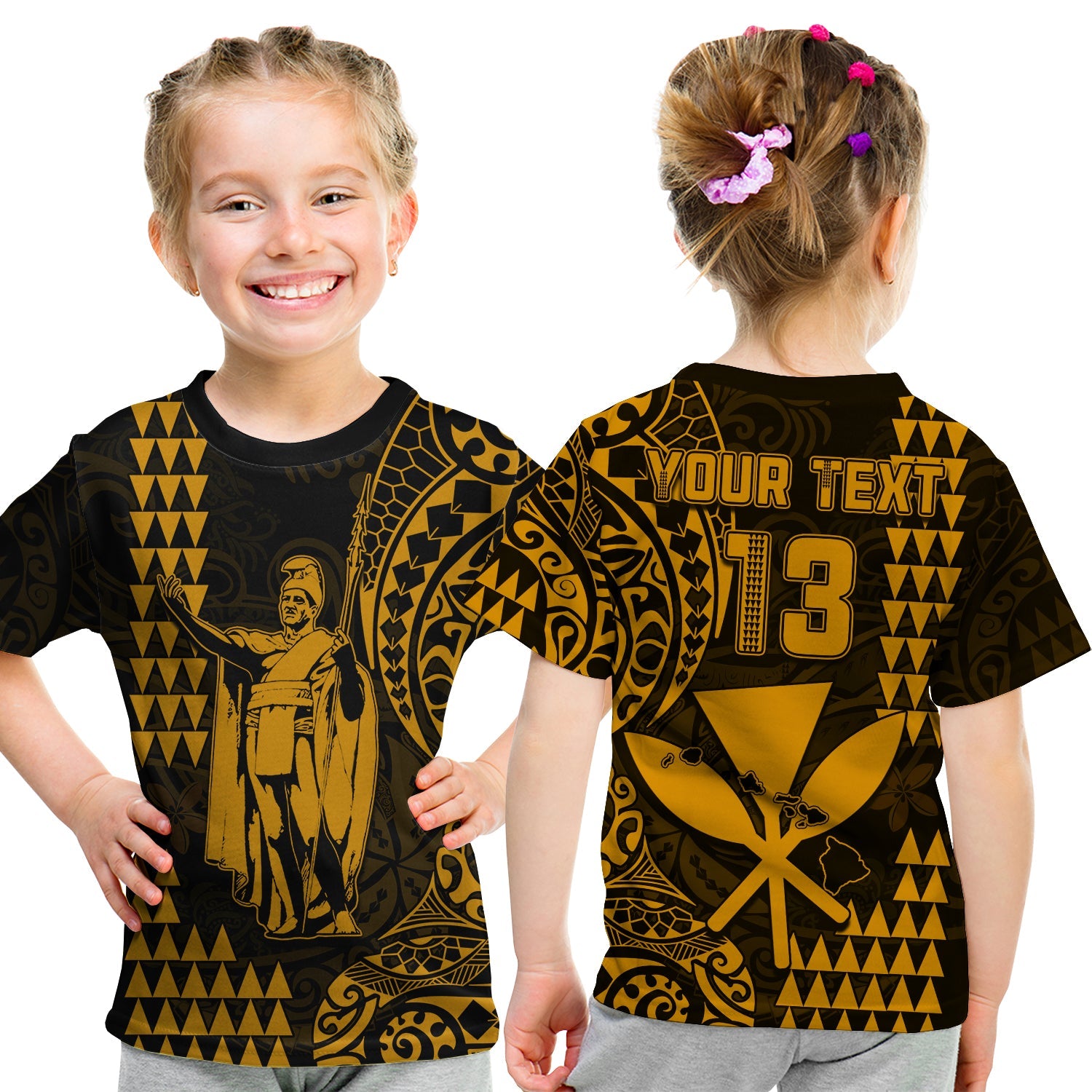 (Custom Text and Number) Hawaii Day Kakau T Shirt KID Proud To Be Hawaiian Gold King Kamehameha and Kanaka Maoli LT13 Youth XL Size14 - Polynesian Pride