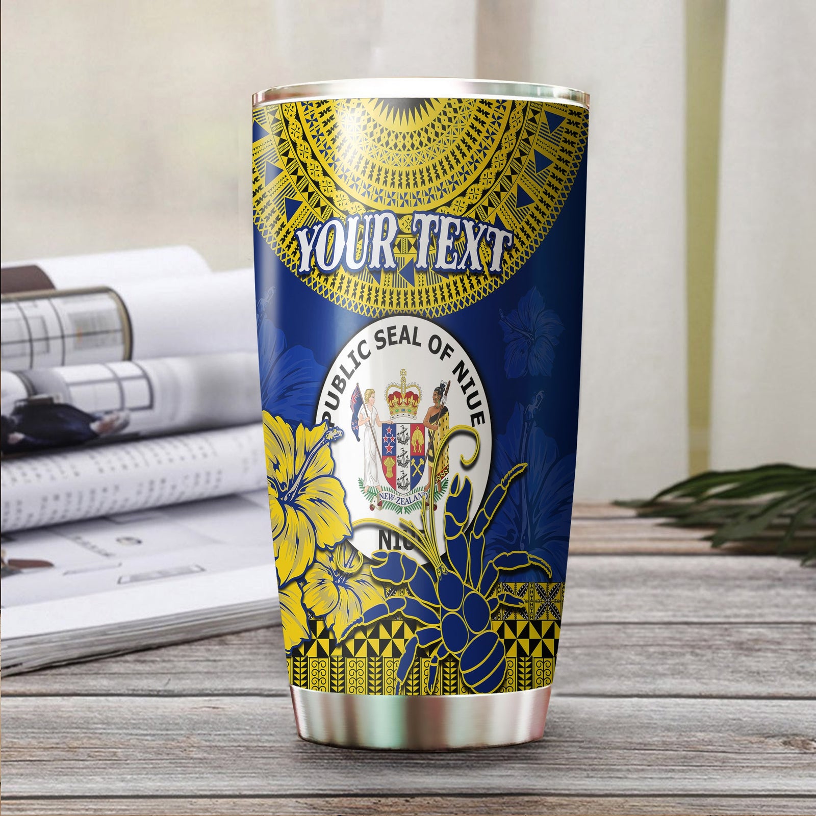 (Custom Personalised) Niue Hiapo Tumbler Rock of Polynesia Tapa Niuean Crab Happy Day LT13 Blue - Polynesian Pride
