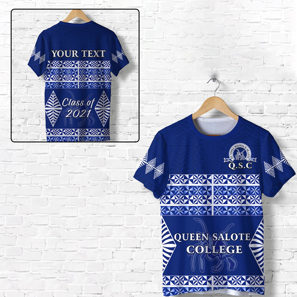 Custom Queen Salote College T Shirt Tonga Pattern Class Year and Your Text LT13 Unisex Blue - Polynesian Pride