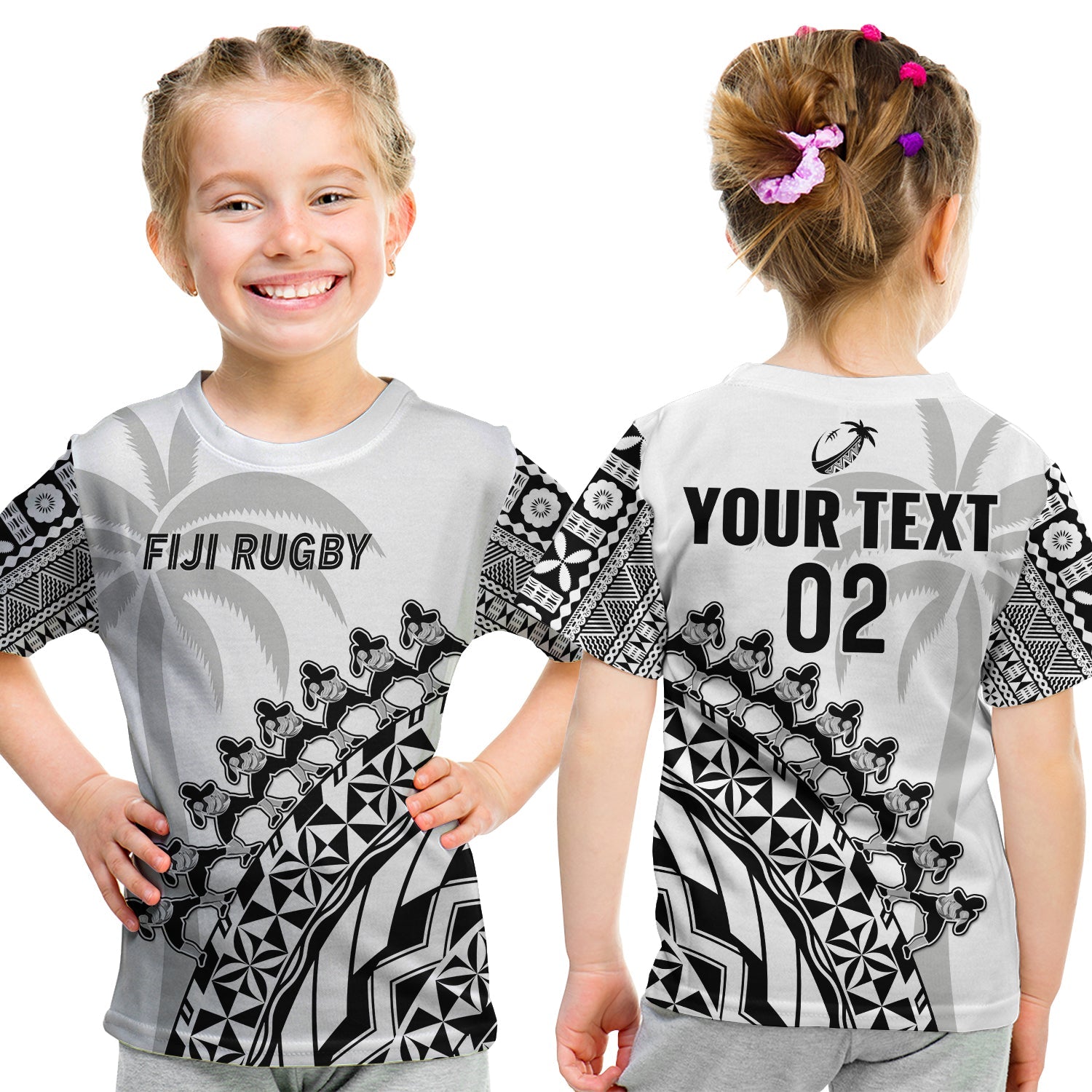 (Custom Text And Number) Fiji Rugby T Shirt KID Fijian Cibi Dance Tapa Pattern White LT14 Youth XL Size14 - Polynesian Pride