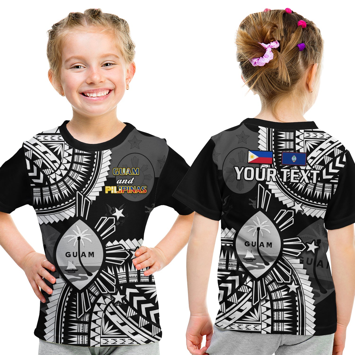 (Custom Personalised) Guam and Philippines T Shirt KID Guaman Filipinas Together Black LT14 Youth XL Size14 - Polynesian Pride