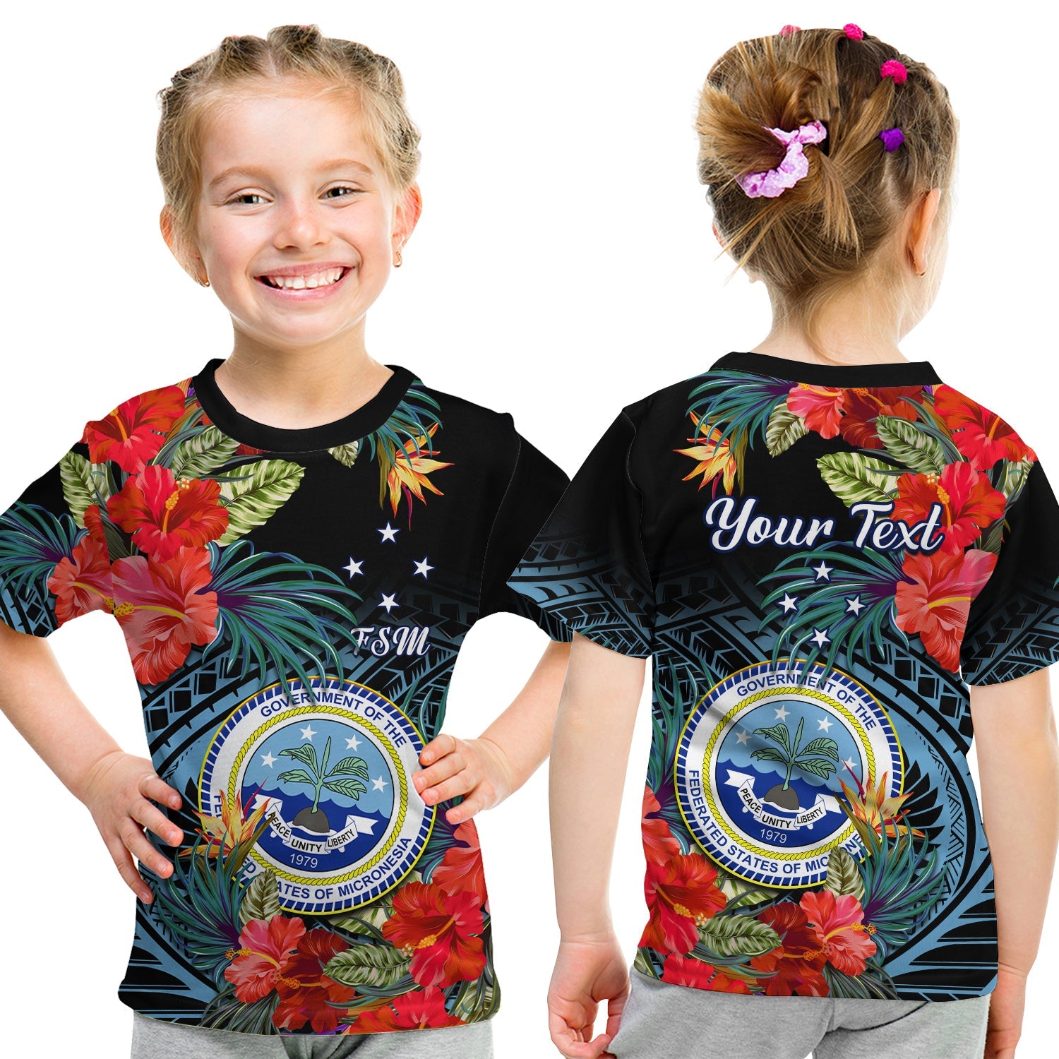 (Custom Personalised) Federated States of Micronesia T Shirt KID Hibiscus Flowers FSM Seal Polynesian LT14 Youth XL Size14 - Polynesian Pride
