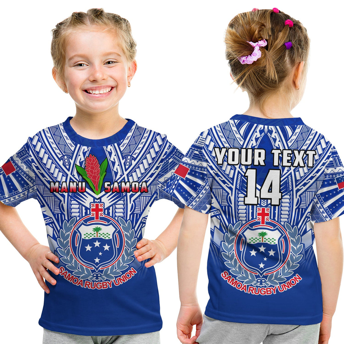 (Custom Text And Number) Samoa Rugby T Shirt KID Manu Samoa 7s Ginger Blue Polynesian LT14 Youth XL Size14 - Polynesian Pride