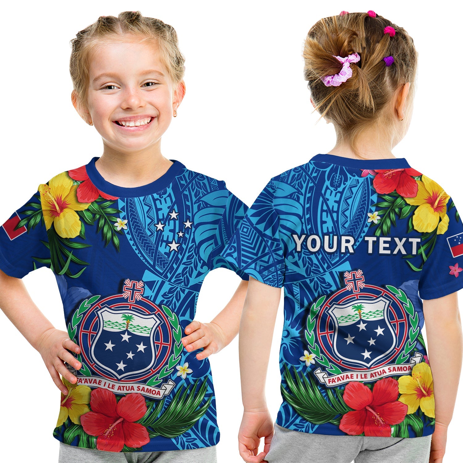 (Custom Personalised) Samoa T Shirt KID Coat Of Arms Mix Tropical Flowers LT14 Youth XL Size14 - Polynesian Pride