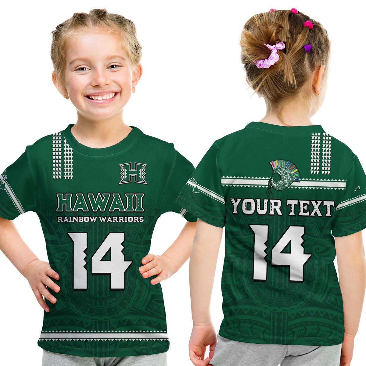 (Custom Text And Number) Hawaii Football T Shirt KID Kakau Rainbow Warriors Helmet Go Bows LT14 Youth XL Size14 - Polynesian Pride