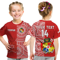 (Custom Text and Number) Tonga T Shirt Tongan Coat of Arms Ngatu Pattern LT14 Kid Red - Polynesian Pride