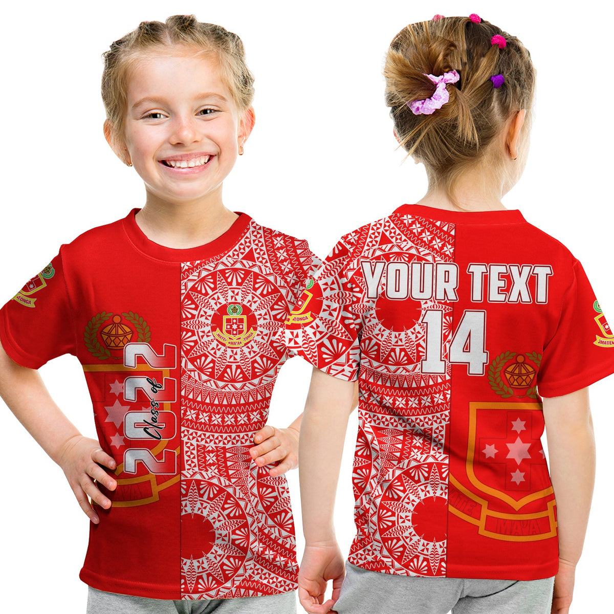 (Custom Text and Number) Kolisi Tonga High School T Shirt Class of Year Tongan Ngatu Pattern LT14 Kid Red - Polynesian Pride