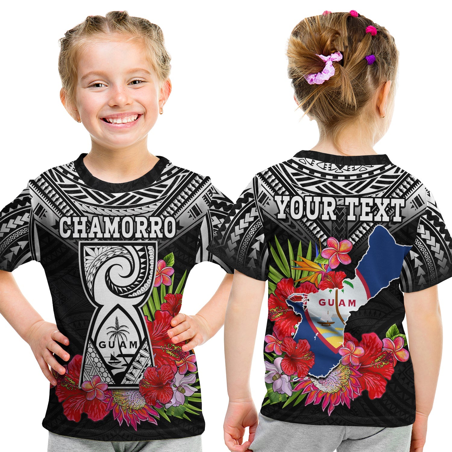 (Custom Personalised) Guam Chamorro T Shirt KID Guaman Latte Stone Tropical Flowers Black Style LT14 Youth XL Size14 - Polynesian Pride