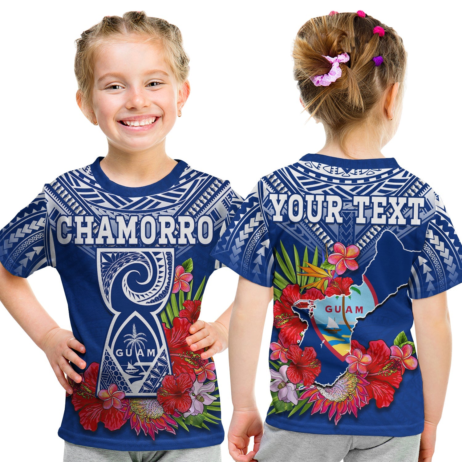 (Custom Personalised) Guam Chamorro T Shirt KID Guaman Latte Stone Tropical Flowers Blue Version LT14 Youth XL Size14 - Polynesian Pride