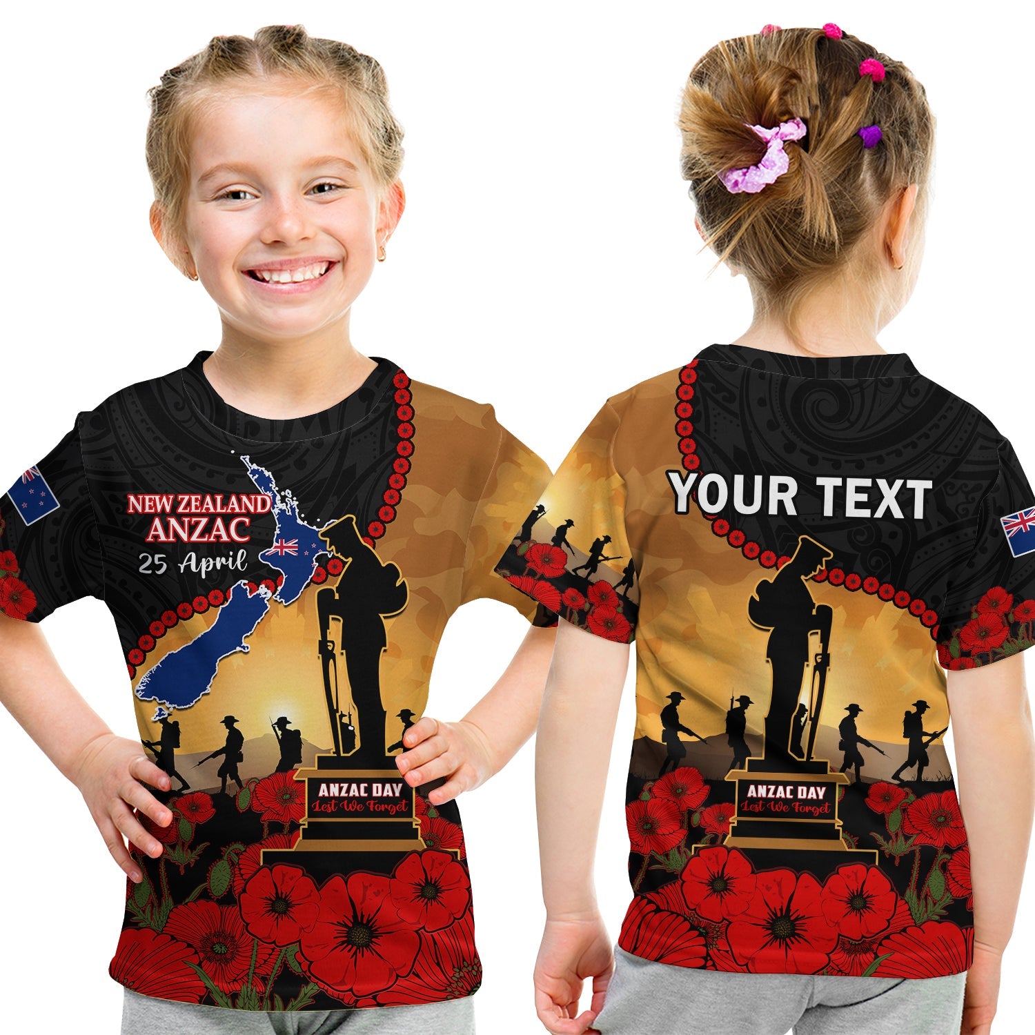 (Custom Personalised) New Zealand Anzac T Shirt KID Maori Camouflage Mix Poppies We Will Remember Them LT14 Youth XL Size14 - Polynesian Pride