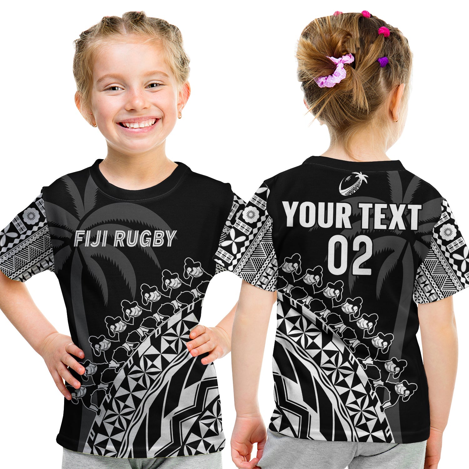 (Custom Text And Number) Fiji Rugby T Shirt KID Fijian Cibi Dance Tapa Pattern Black LT14 Youth XL Size14 - Polynesian Pride