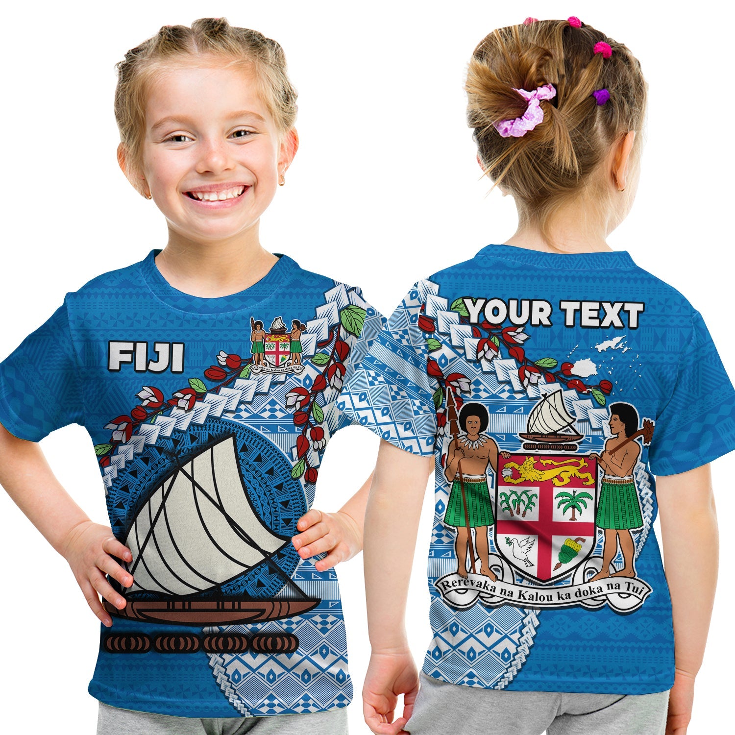 (Custom Personalised) Fiji T Shirt KID Fijian Drua Mix Tagimaucia Flower Blue Style LT14 - Polynesian Pride