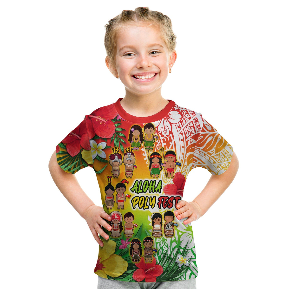 Aloha Poly Fest T Shirt KID Polynesian Pattern With Tropical Flowers LT14 Youth XL Size14 - Polynesian Pride