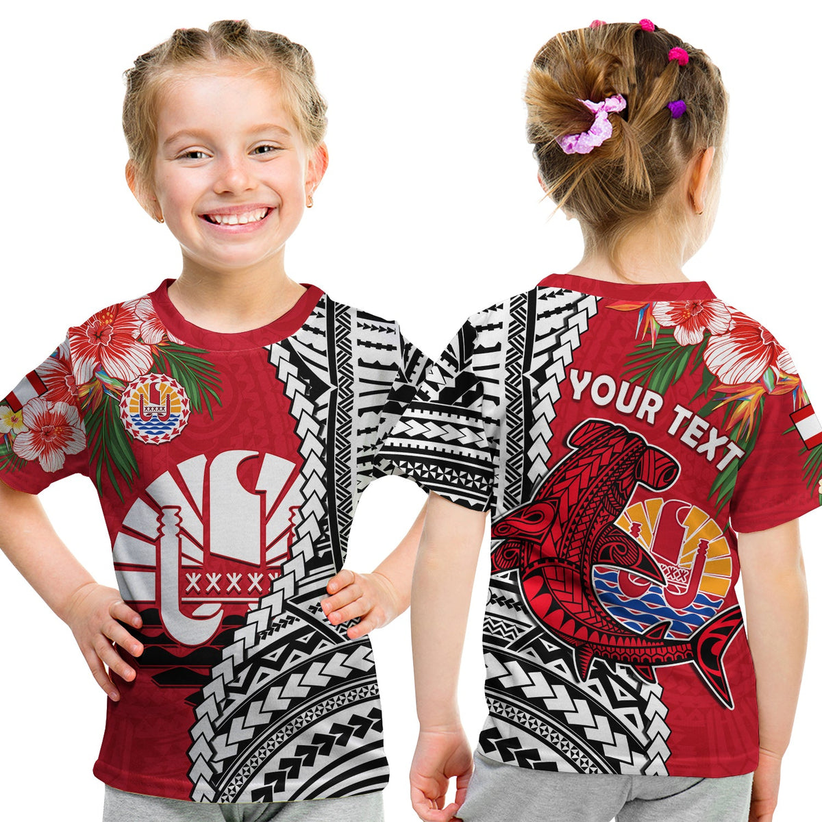 Custom Tahiti Islands T Shirt Polynesian Shark Mix Tropical Flowers LT14 Kid Red - Polynesian Pride