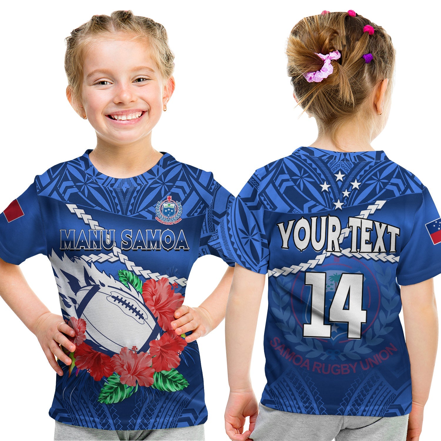 (Custom Text And Number) Samoa Rugby T Shirt KID Manu Samoa Polynesian Hibiscus Blue Style LT14 Youth XL Size14 - Polynesian Pride