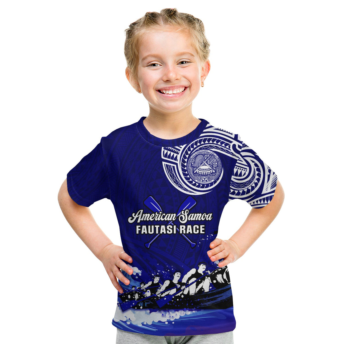 (Custom Personalised) American Samoa T Shirt KID Fautasi Race Samoan Pattern Ver.01 LT14 Youth XL Size14 - Polynesian Pride