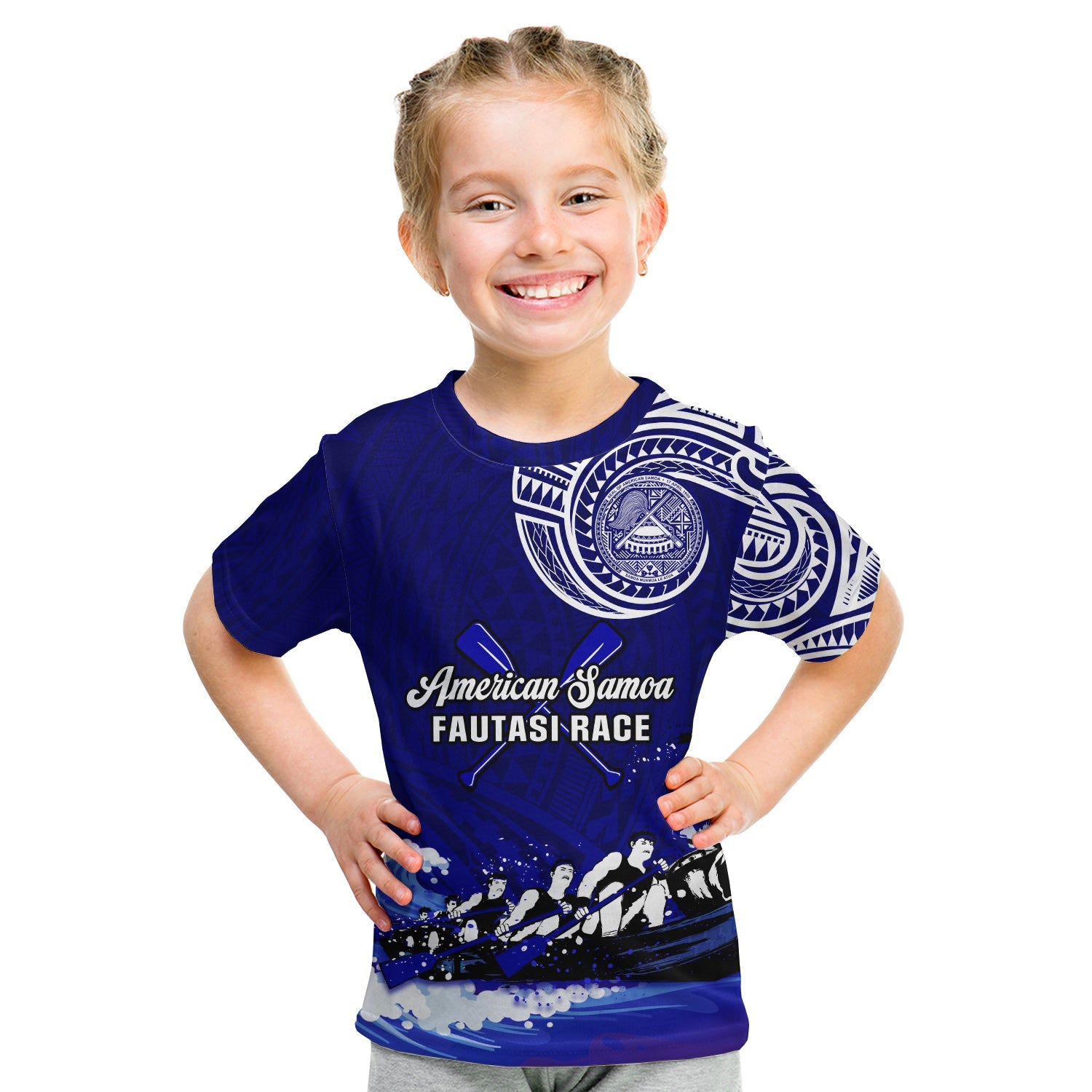(Custom Personalised) American Samoa T Shirt KID Fautasi Race Samoan Pattern Ver.01 LT14 Youth XL Size14 - Polynesian Pride