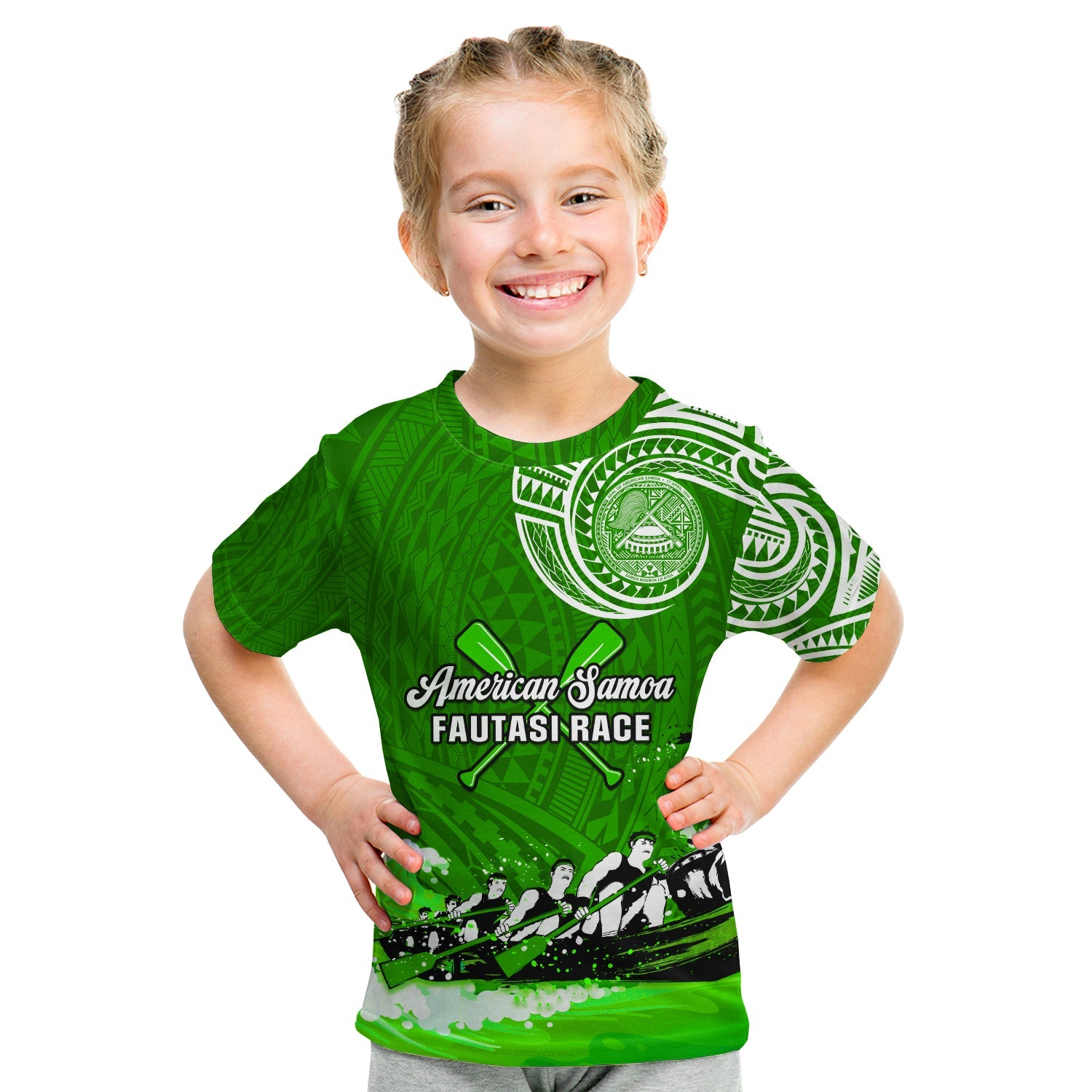 (Custom Personalised) American Samoa T Shirt KID Fautasi Race Samoan Pattern Ver.02 LT14 Youth XL Size14 - Polynesian Pride