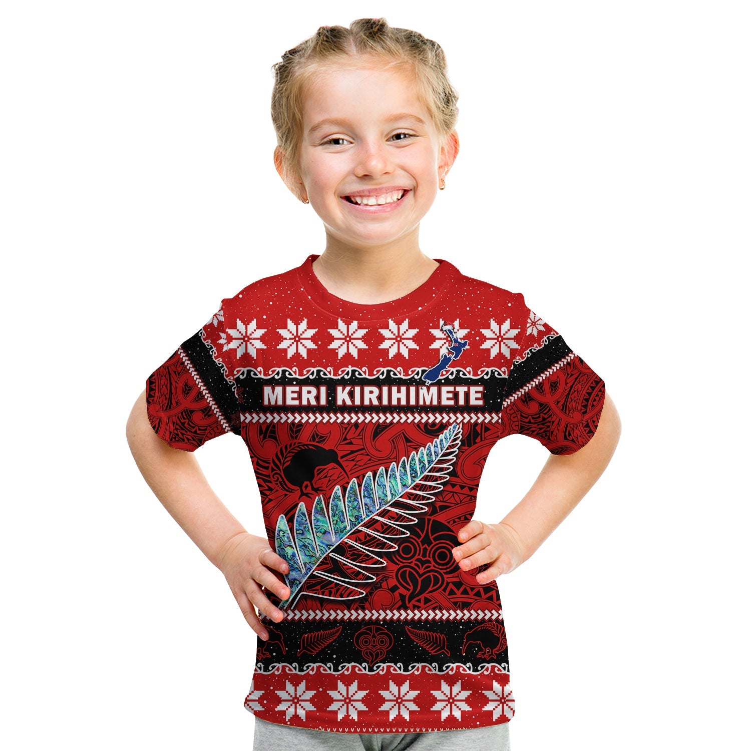 New Zealand Christmas T Shirt KID Paua Shell Silver Fern Meri Kirihimete LT14 Youth XL Size14 - Polynesian Pride