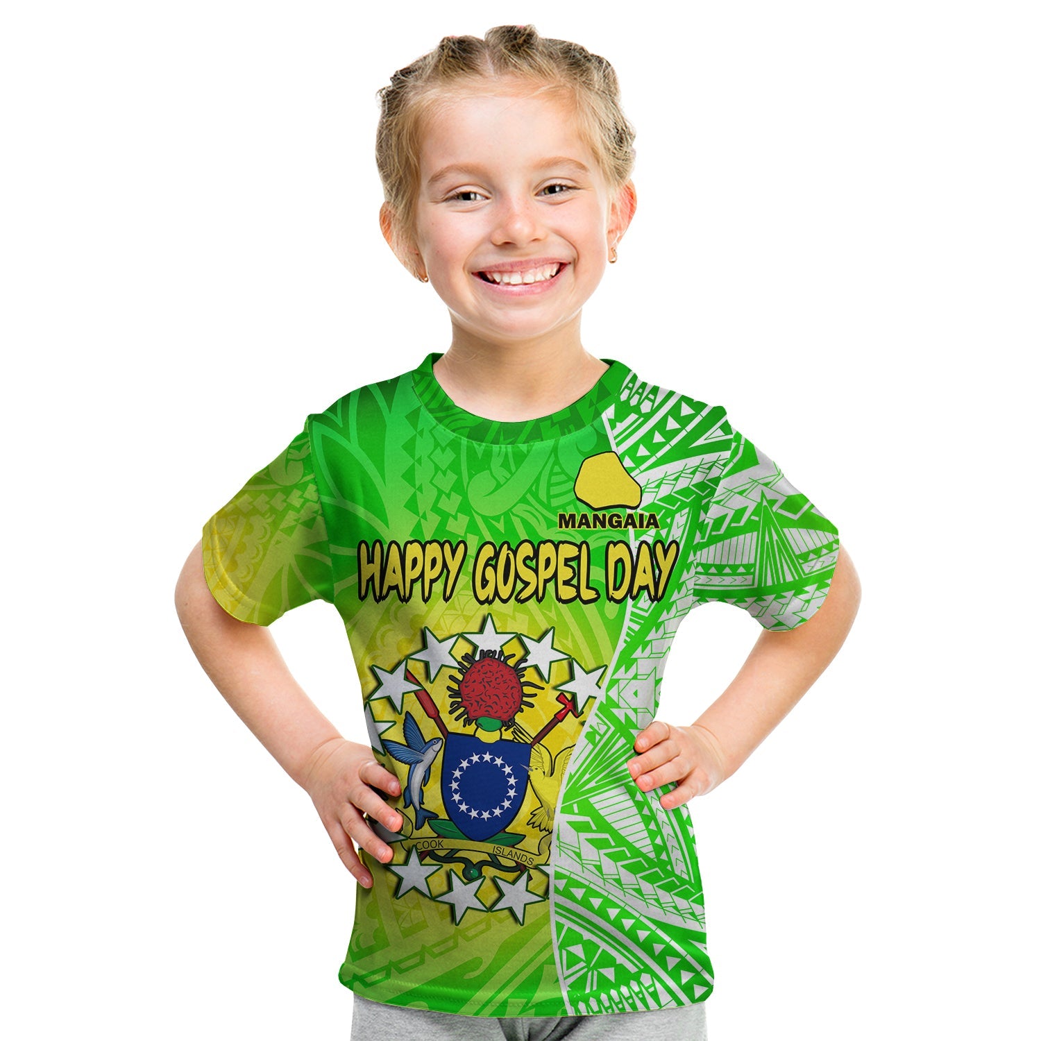 Happy Mangaia Gospel Day T Shirt KID Cook Islands Coat Of Arms Polynesian Pattern LT14 Youth XL Size14 - Polynesian Pride