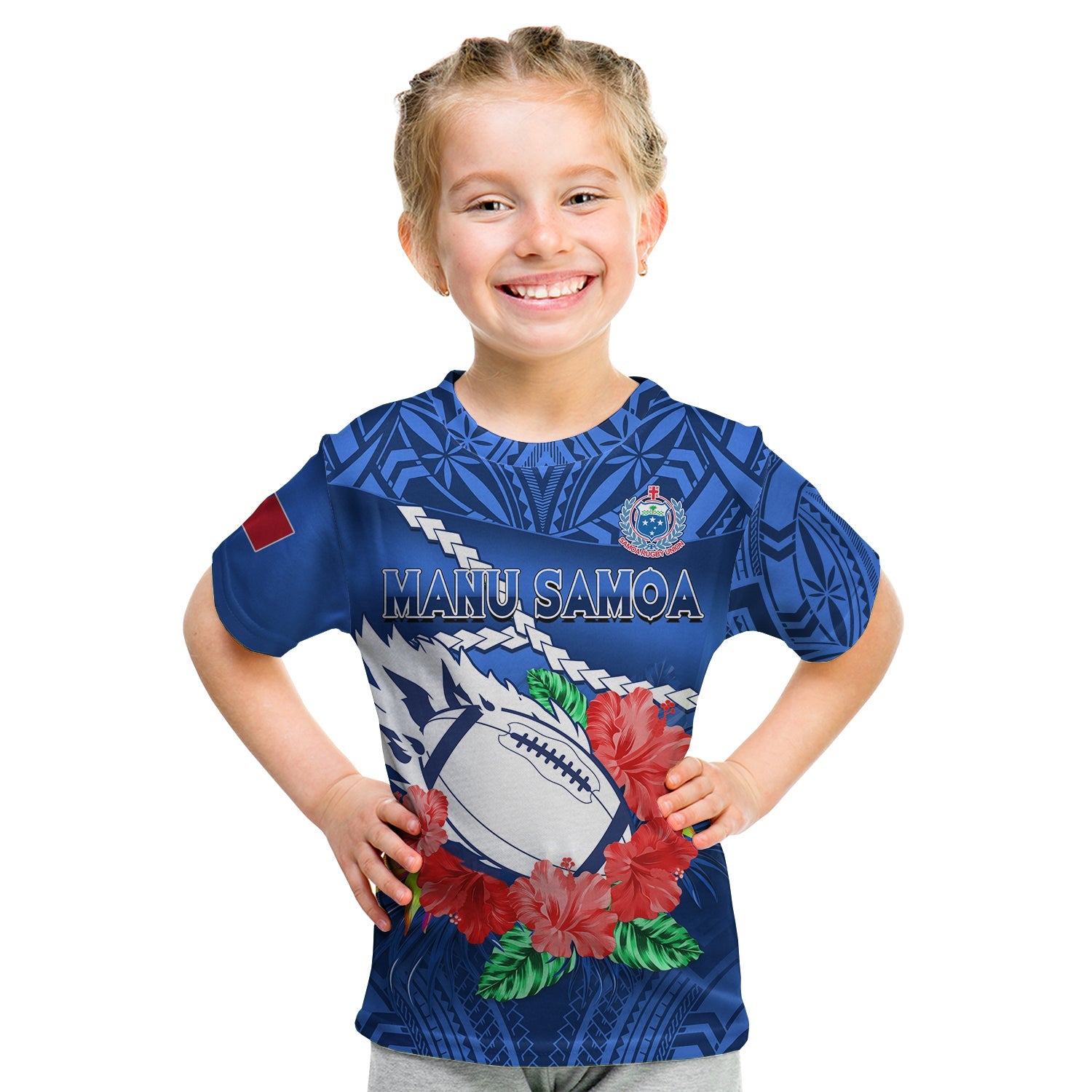 Samoa Rugby T Shirt KID Manu Samoa Polynesian Hibiscus Blue Style LT14 - Polynesian Pride