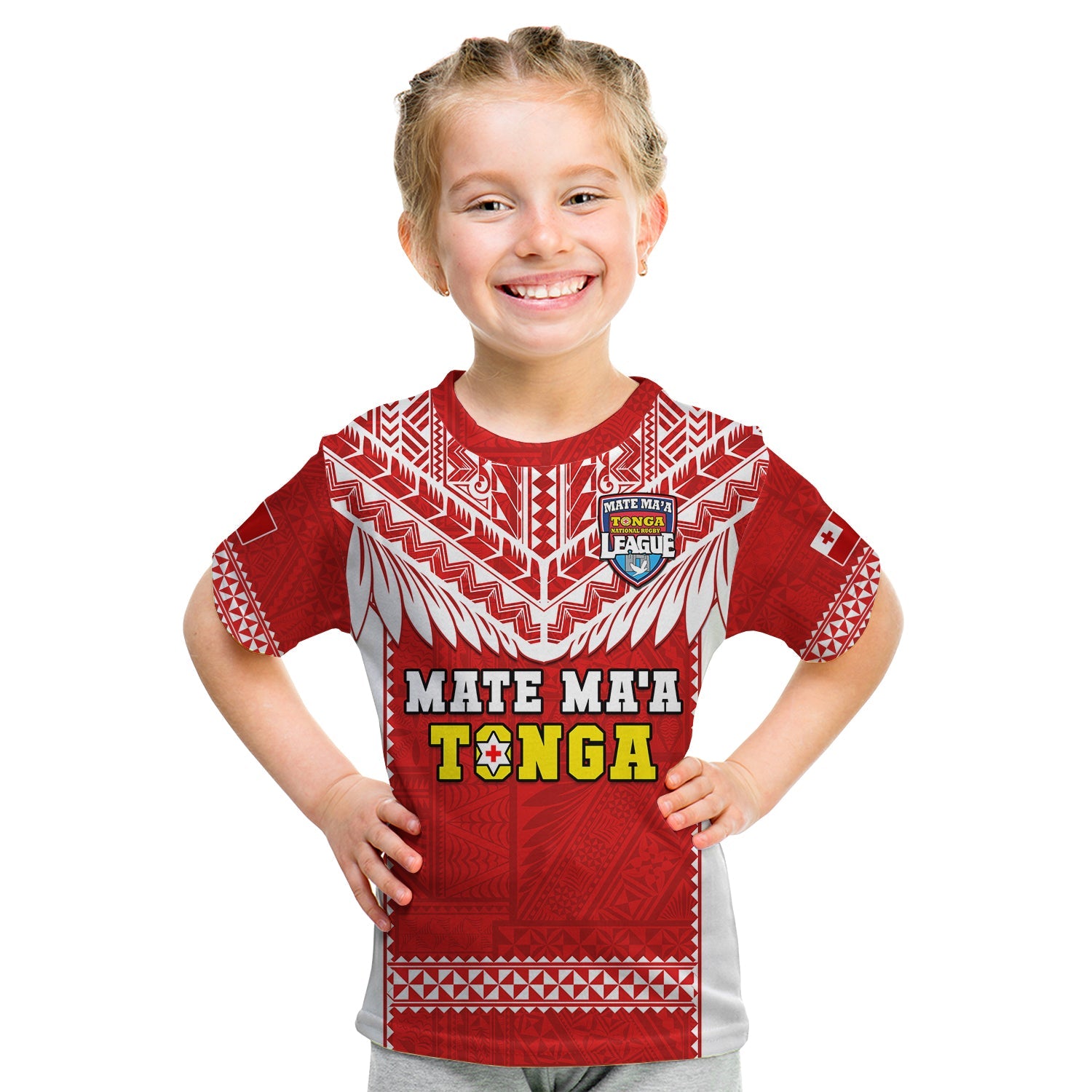 Tonga Rugby T Shirt KID Mate Maa Tonga Pacific Ngatu White LT14 Youth XL Size14 - Polynesian Pride