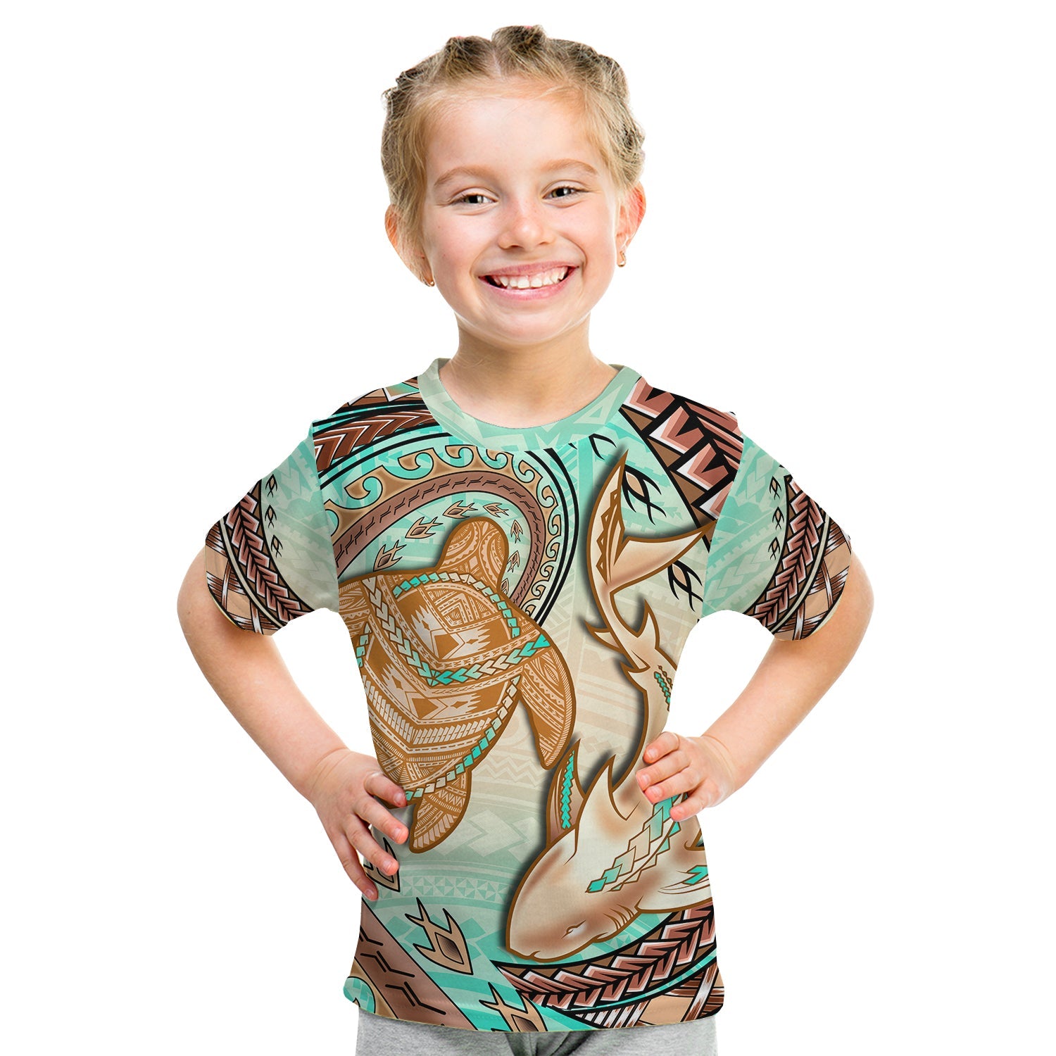 Hawaii T Shirt KID Polynesian Shark And Sea Turtle Dreamy Turquoise Artsy LT14 Youth XL Size14 - Polynesian Pride