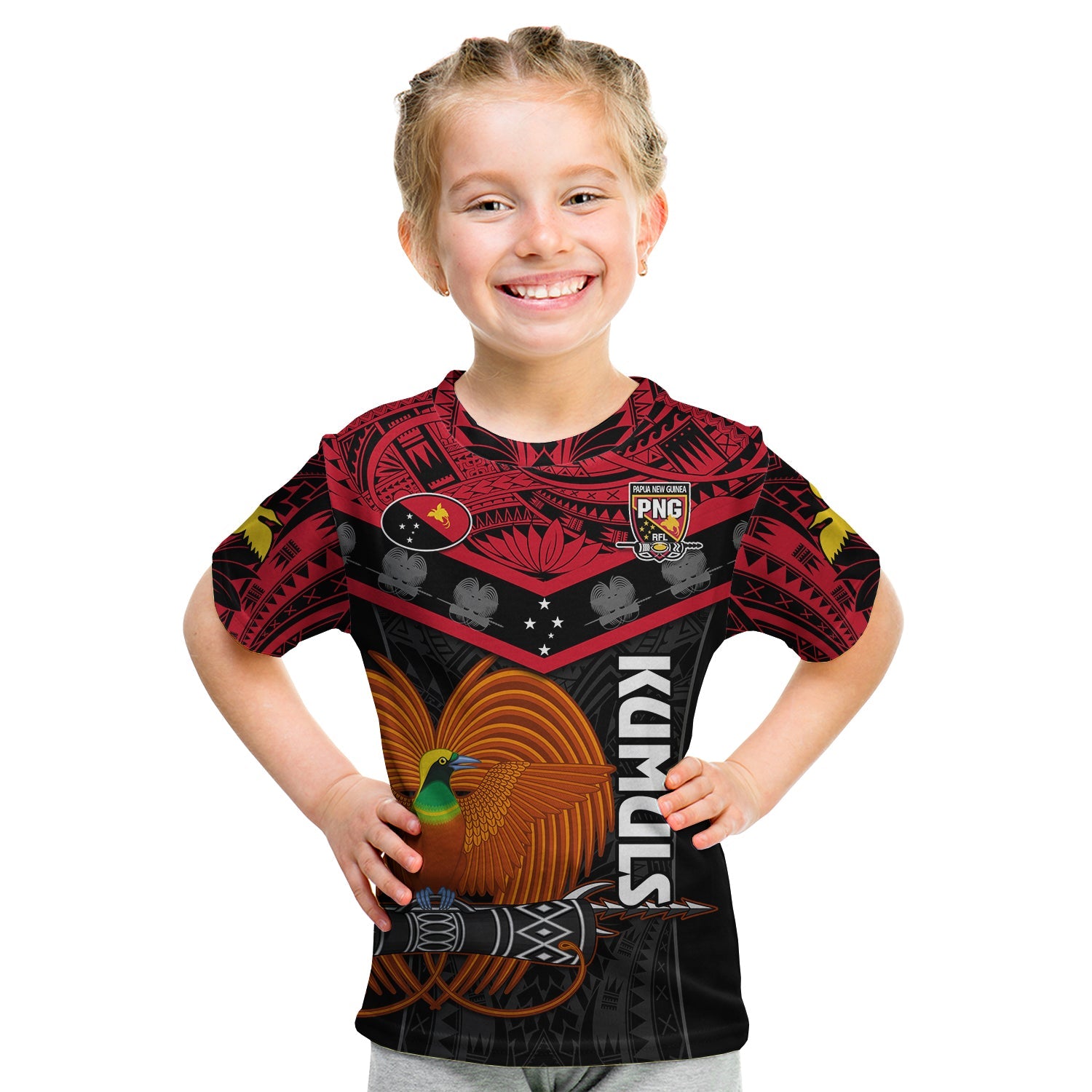 Papua New Guinea Rugby T Shirt KID PNG Kumuls Bird Of Paradise Black LT14 Youth XL Size14 - Polynesian Pride