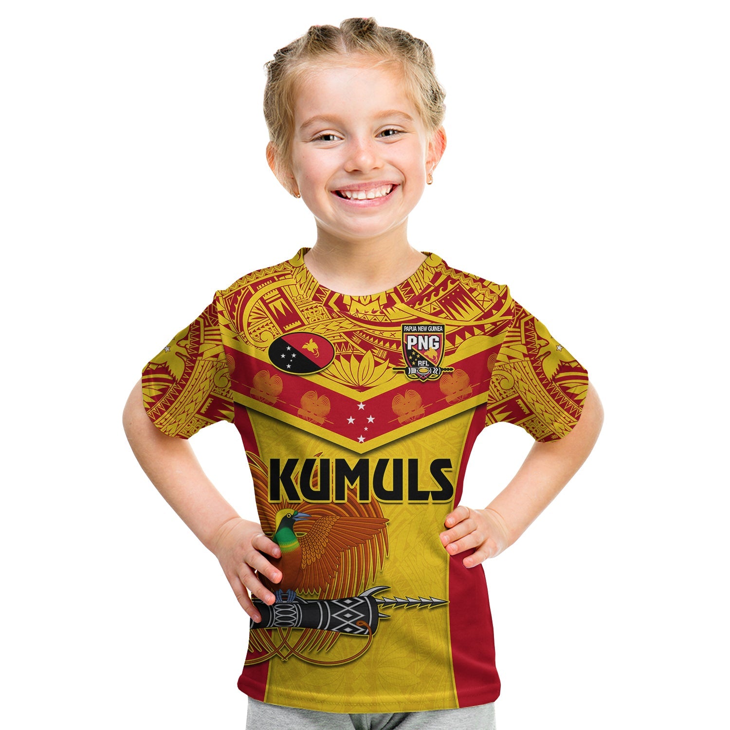 Papua New Guinea Rugby T Shirt KID PNG Kumuls Bird Of Paradise Yellow LT14 Youth XL Size14 - Polynesian Pride