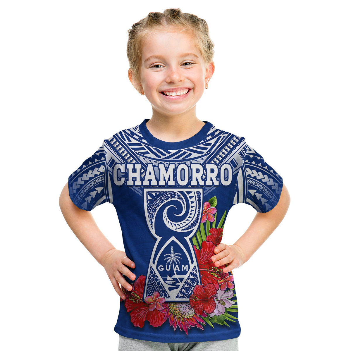 (Custom Personalised) Guam Chamorro T Shirt KID Guaman Latte Stone Tropical Flowers Blue Version LT14 - Polynesian Pride