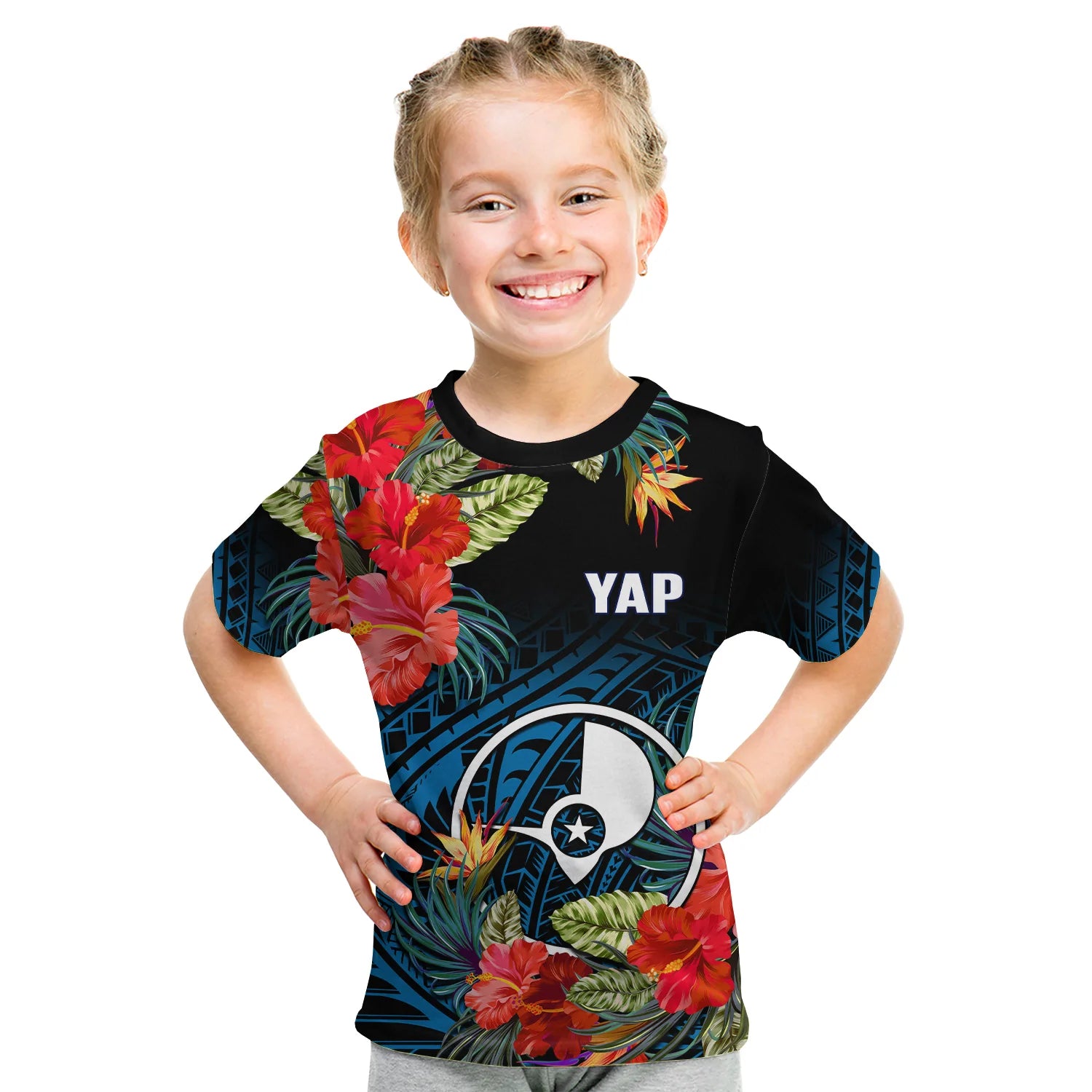 (Custom Personalised) Yap State T Shirt KID FSM Hibiscus Flowers Mix Polynesian LT14 Youth XL Size14 - Polynesian Pride
