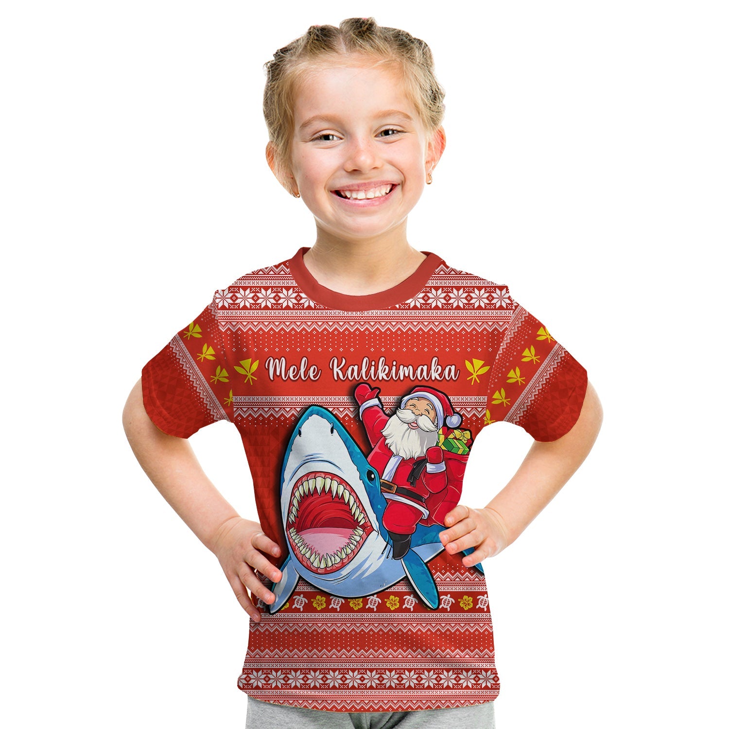 (Custom Personalised) Hawaii Christmas T Shirt KID Santa Shark Mele Kalikimaka Tribal LT14 Youth XL Size14 - Polynesian Pride