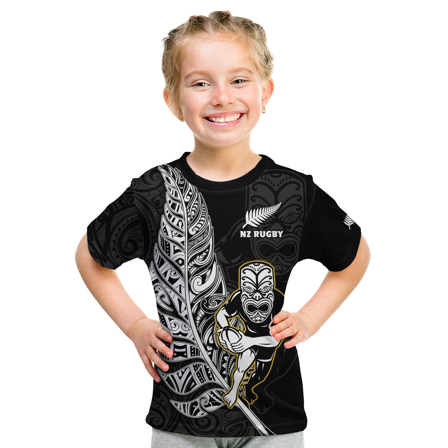 New Zealand Silver Fern Rugby T Shirt KID All Black Maori Version Black LT14 - Polynesian Pride