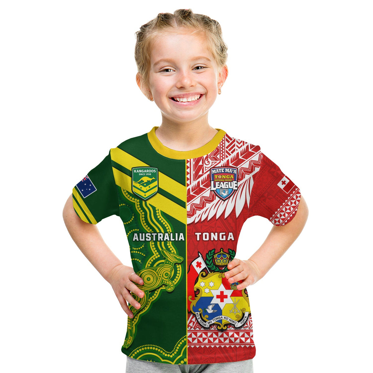 (Custom Personalised) Tonga And Australia Rugby T Shirt KID Mate Maa Tonga Mix Kangaroos LT14 Youth XL Size14 - Polynesian Pride
