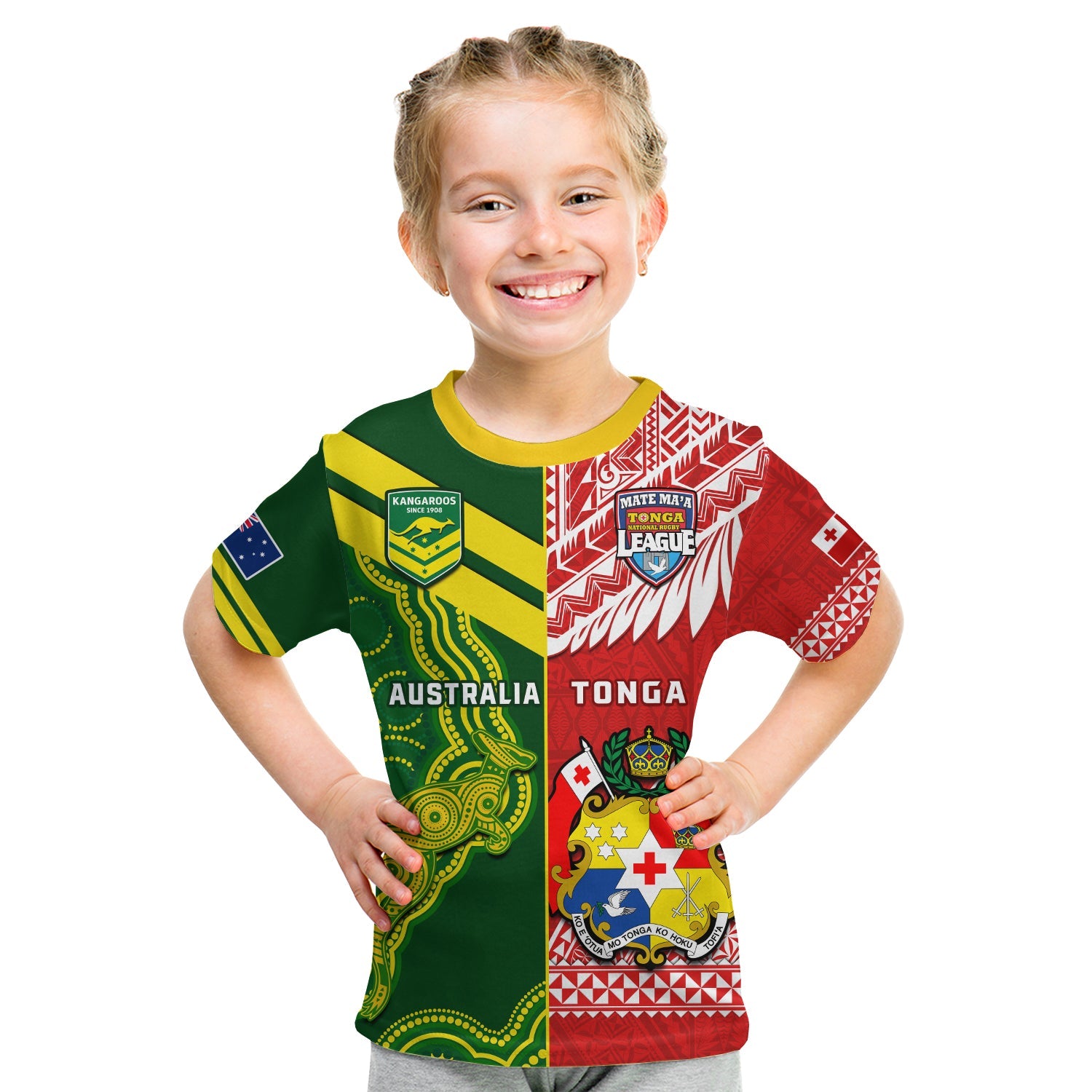 (Custom Personalised) Tonga And Australia Rugby T Shirt KID Mate Maa Tonga Mix Kangaroos LT14 Youth XL Size14 - Polynesian Pride