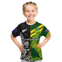 (Custom Personalised) Australia Kangaroos And All Black Rugby T Shirt KID Aboriginal Mix NZ Maori Fern LT14 Youth XL Size14 - Polynesian Pride