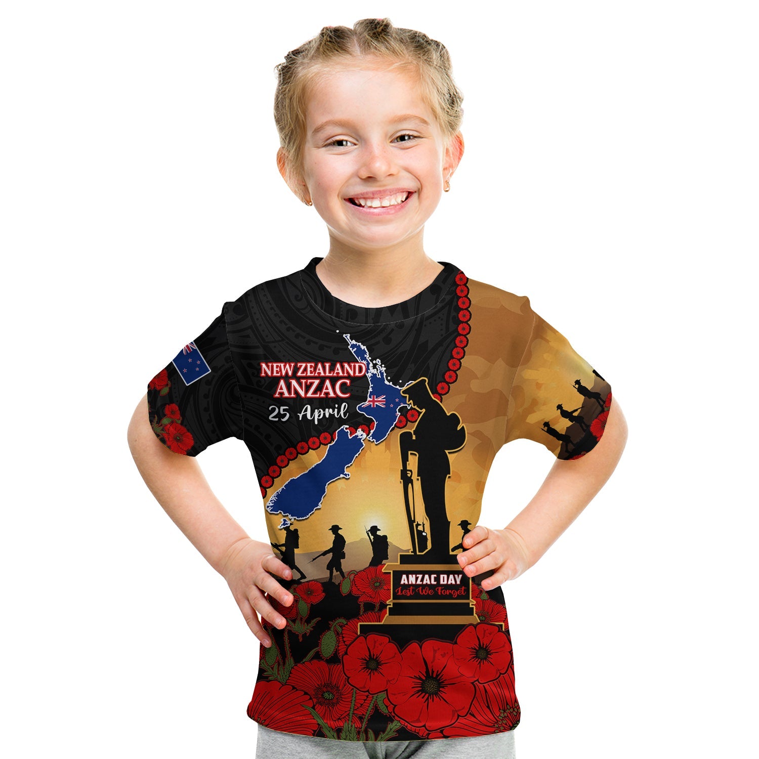 New Zealand Anzac T Shirt KID Maori Camouflage Mix Poppies We Will Remember Them LT14 Youth XL Size14 - Polynesian Pride