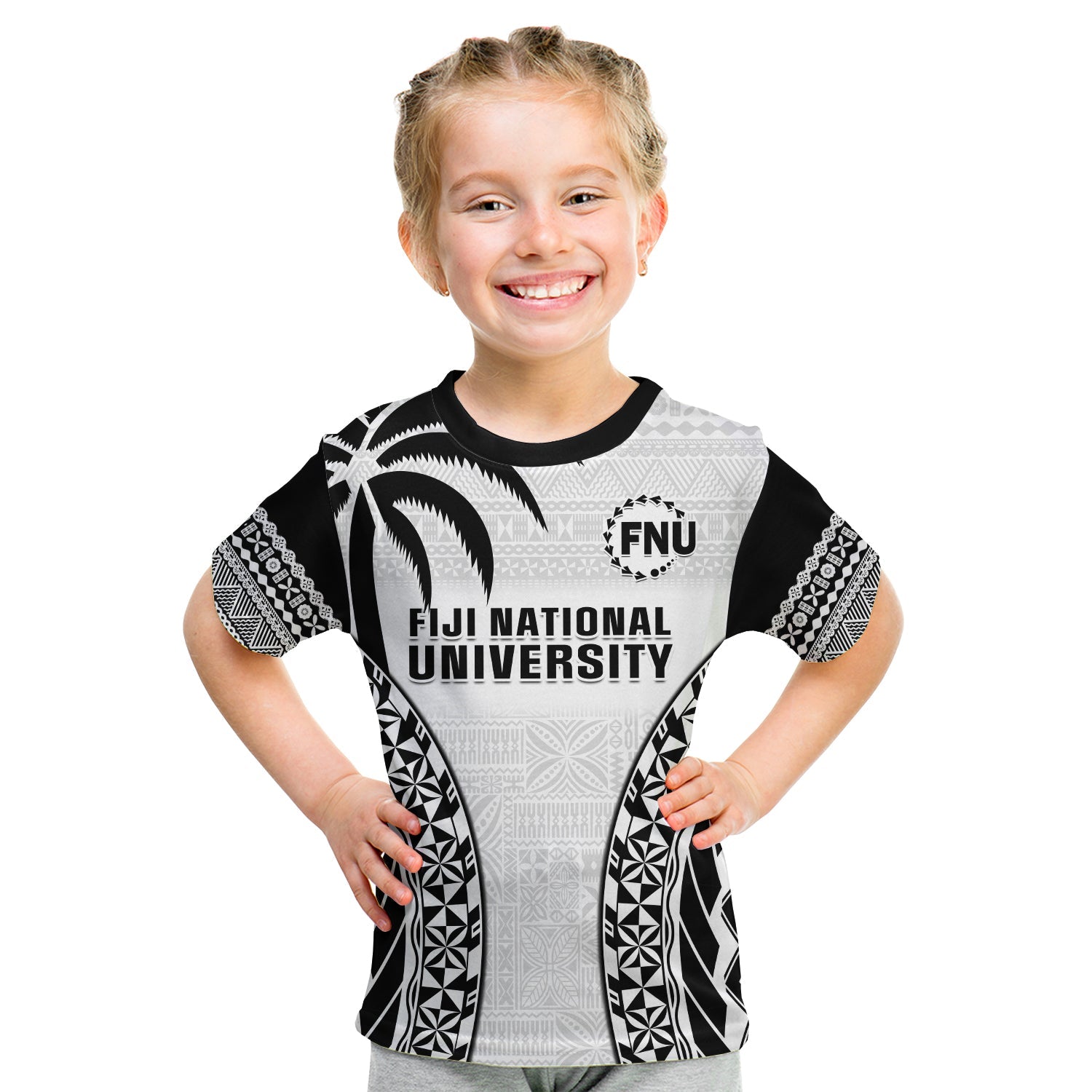 (Custom Personalised) Fiji University T Shirt KID National Fijian Tapa Pattern White LT14 - Polynesian Pride