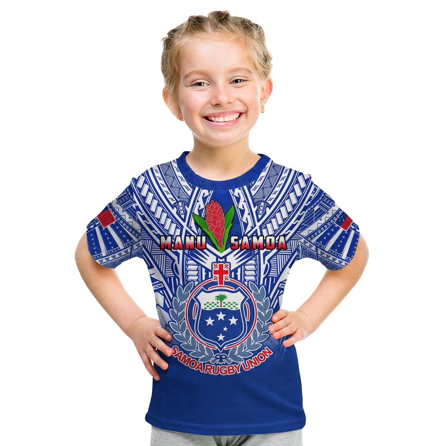 Samoa Rugby T Shirt KID Manu Samoa 7s Ginger Blue Polynesian LT14 - Polynesian Pride