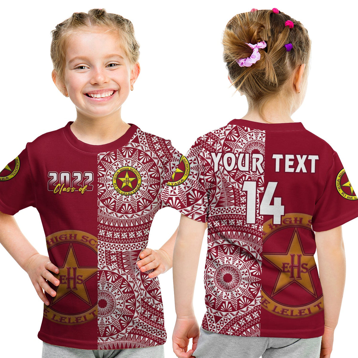 (Custom Text and Number) Tonga Eua High School T Shirt Class of Year Tongan Ngatu Pattern LT14 Kid Maroon - Polynesian Pride