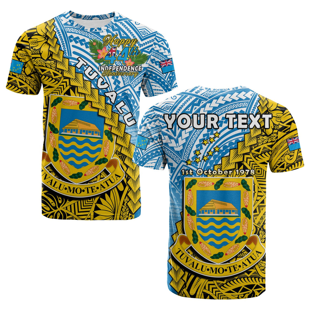 Custom Tuvalu 1978 T Shirt Happy 44th Independence Anniversary Polynesian Pattern LT14 Adult Yellow - Polynesian Pride