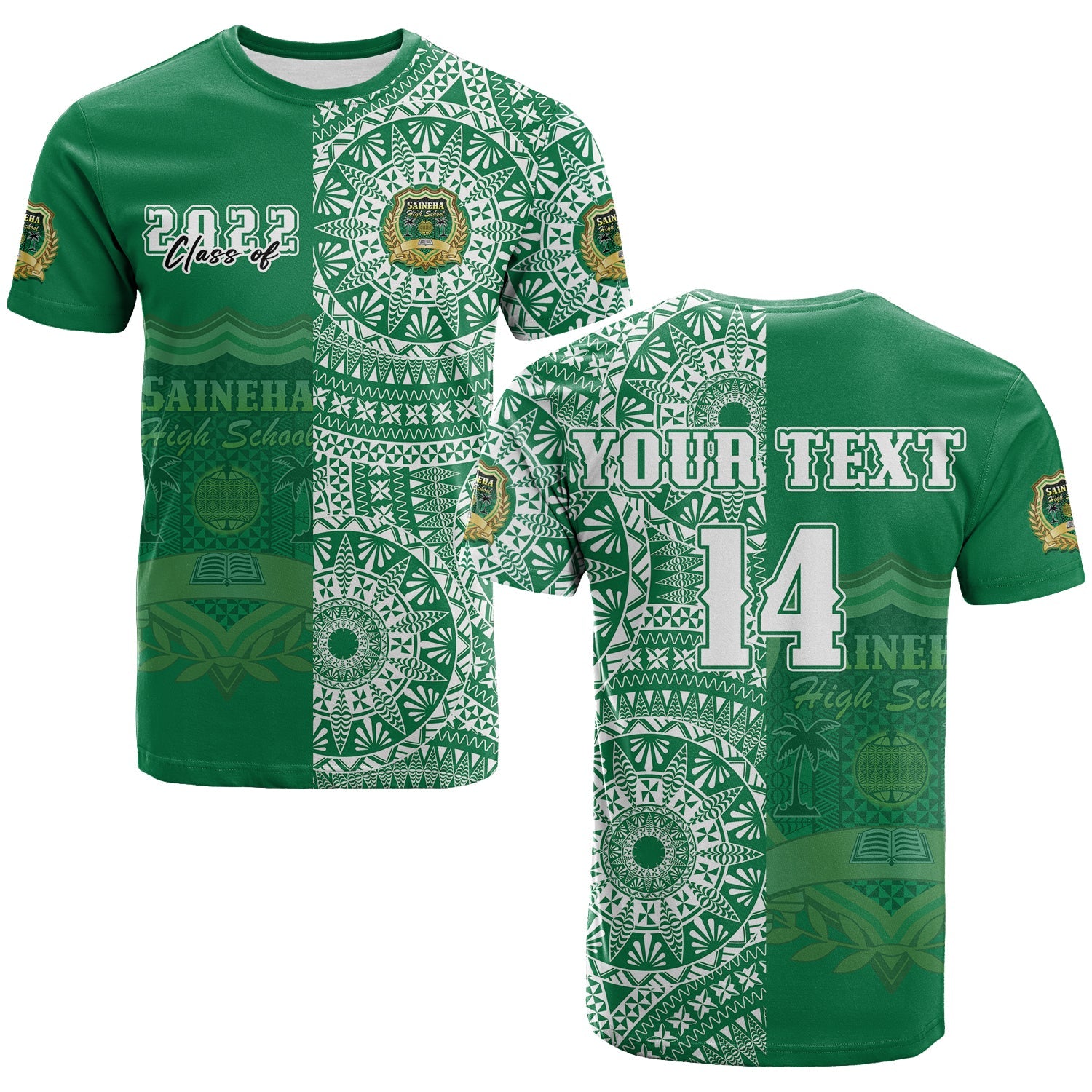 (Custom Text and Number) Tonga Saineha High School T Shirt Class of Year Tongan Ngatu Pattern LT14 Adult Green - Polynesian Pride