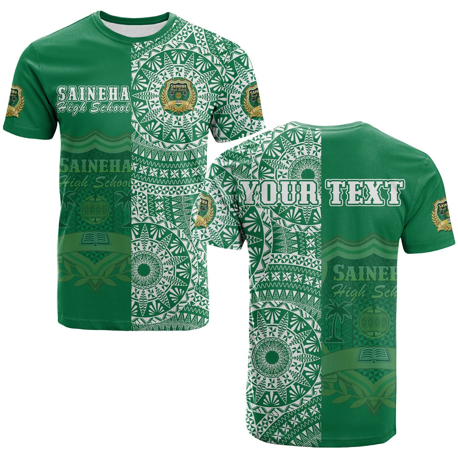 Custom Tonga Saineha High School T Shirt Tongan Ngatu Pattern LT14 Adult Green - Polynesian Pride