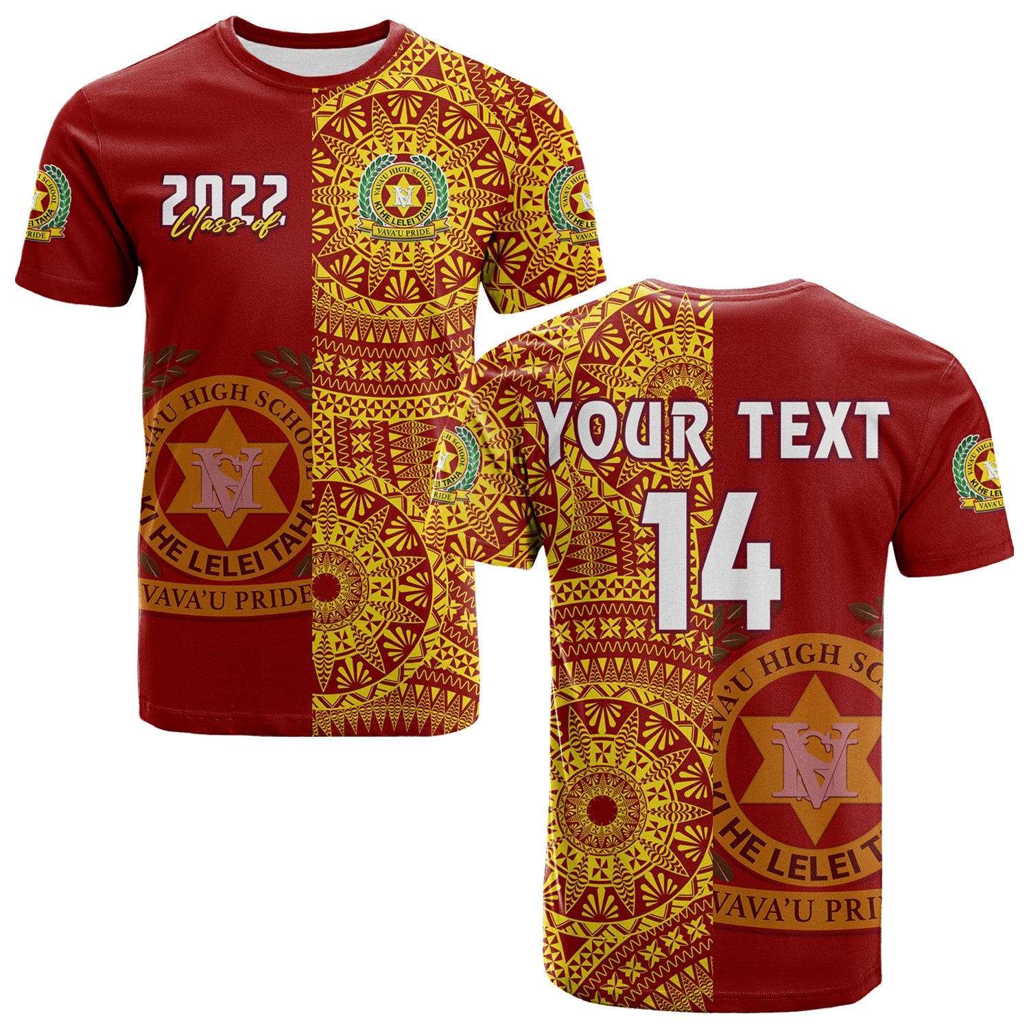 (Custom Text and Number) Tonga Vavau High School T Shirt Class of Year Tongan Ngatu Pattern LT14 Adult Red - Polynesian Pride