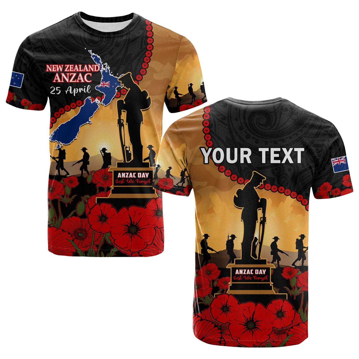 Custom New Zealand Anzac T Shirt Maori Camouflage Mix Poppies We Will Remember Them LT14 Black - Polynesian Pride