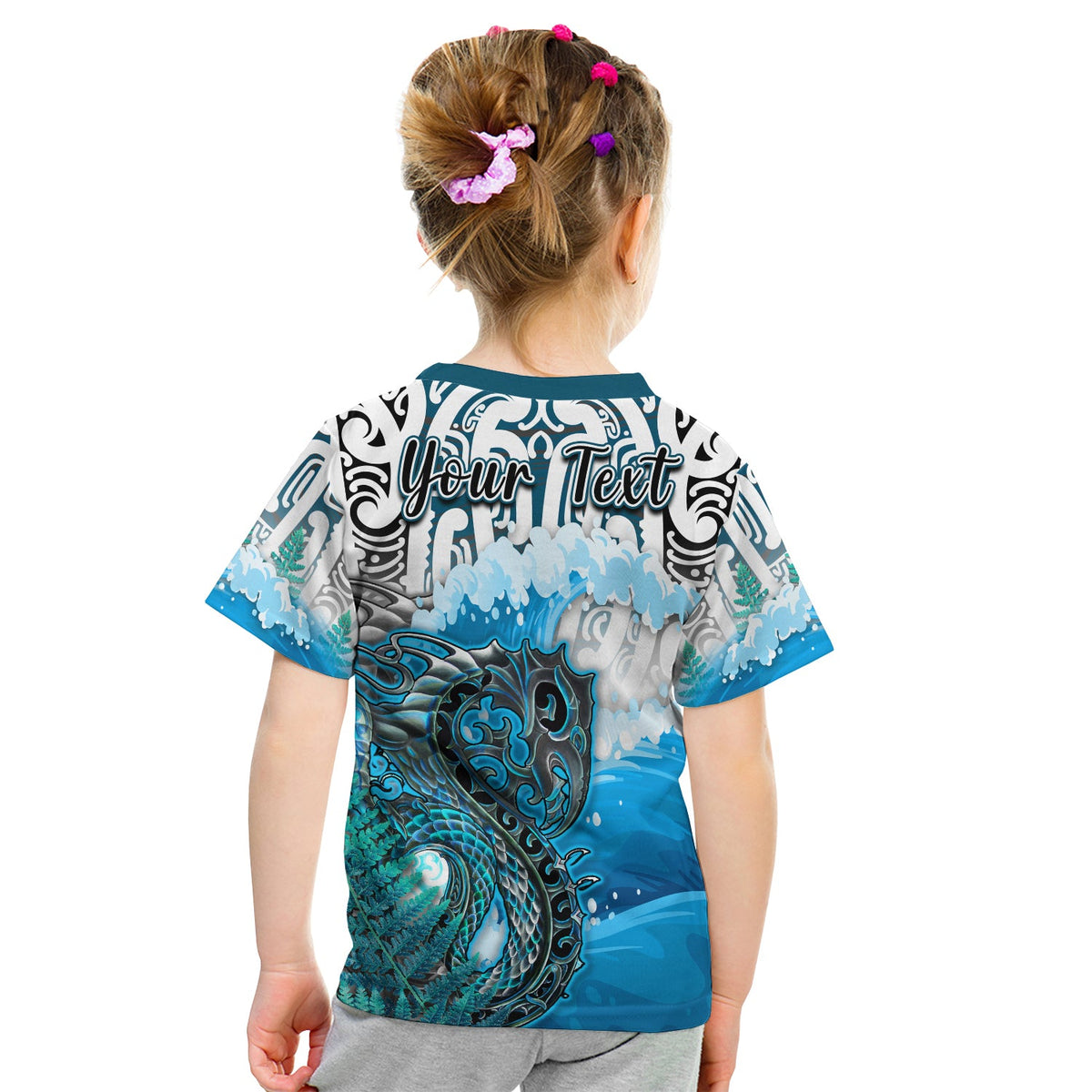 (Custom Personalised) Manaia Maori T Shirt KID Fern Aotearoa Blue Waves LT13 - Polynesian Pride